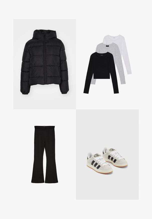 Juodas pūkinis švarkas su kapuce, turintis užtrauktuką priekyje, elastines rankoves ir siuvinėtą dizainą. Pagamintas iš glotnaus, vandeniui atsparaus medžiagos.; Trijų ilgomis rankovėmis marškinėlių krūva: juodas, pilkas ir baltas. Kiekvienas turi apvalų iškirpimą ir trumpą dizainą, pagamintas iš lygaus, lengvo audinio.; Juodos flared tipo legginsai, pagaminti iš tamprios medžiagos. Yra platus juosmuo ir lygus paviršius, su prie kūno priglundančiu siluetu, kuris pločiasi ties apatine dalimi.; Grynos zomšos sneakeriai su baltais raišteliais, juodomis juostelėmis ir balta gumine sole. Turintys apskritą logotipą ant liežuvėlio ir guminę sole.