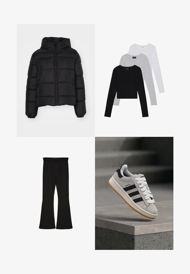 Crna puffer jakna s kapuljačom, s prednjim zatvaranjem na zip, elastičnim manžetama i podstavom u obliku kvadrata. Izrađena od glatkog, vodootpornog materijala.; Tri dugih rukava posložena: crna, siva i bijela. Svaka ima okrugli izrez i skrateni kroj s glatkom, laganom tkaninom.; Crne hlače na tregere od rastezljivog materijala. Imaju širok pojas i glatku teksturu, s uskim krojem koji se širi na rubu.; Siva Adidas Campus tenisica s crnim prugama i bijelim vezicama lebdi iznad betonskog ruba s ljestvama u pozadini.