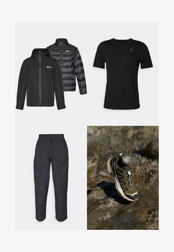 Two black jackets side by side: a water-resistant outer layer with a hood and zip closure, and a puffy insulated jacket with high collar.; Black t-shirt made from lightweight fabric, featuring a round neckline, short sleeves, and a small brand logo on the upper left.; Black cargo pants made from a lightweight, water-resistant material; features elastic waistband, multiple zippered pockets, and tapered legs.; Hiking shoe in olive green and black with pink accents. Features a textured upper, flexible sole, reinforced toe cap, and colorful lacing system.