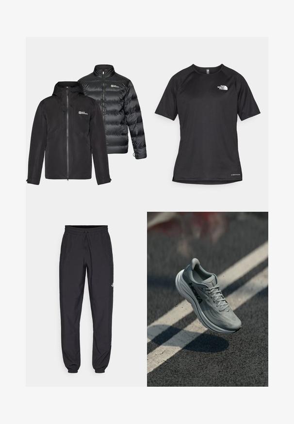 Kaks musta jakki kõrvuti: veekindel väliskihiga, kapuutsi ja tõmblukuga, ning paks, soojustatud jakk kõrge kraega.; Must mustreening, lühikeste varrukatega sportpoliis, millel on tekstuuriga kangas, valge logo vasakul rinnal ja sirge äär.; Mustavad sportlikud püksid, mis on valmistatud kergest kangast, joonlauaga taljest, küljetaskudega ja kitsenevate varrukatega pahkluude juures.; Helehallid Hoka jooksukingad õhus asfalditee kohal, kus on valged sõiduraja joone märgid ja väikesed pinnaseosakesed.