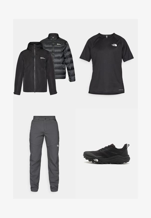 Two black jackets side by side: a water-resistant outer layer with a hood and zip closure, and a puffy insulated jacket with high collar.; Black short-sleeve athletic shirt with a textured fabric, featuring a white logo on the left chest and a straight hem.; Gray outdoor pants made of a durable fabric, featuring a button closure, belt loops, and a logo near the lower leg.; Black trail running shoe with a textured upper, rubber sole, and reinforced toe cap. Features a padded collar and pull tab for easy wear.