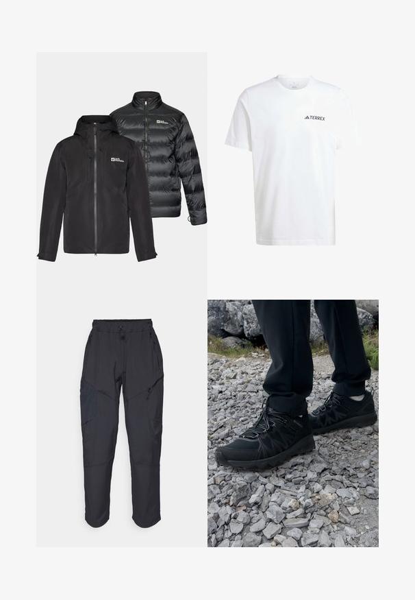 Two black jackets side by side: a water-resistant outer layer with a hood and zip closure, and a puffy insulated jacket with high collar.; White cotton t-shirt with short sleeves, featuring a small black "TERREX" logo on the left chest area. Classic crew neck design.; Black cargo pants made from a lightweight, water-resistant material; features elastic waistband, multiple zippered pockets, and tapered legs.; Black outdoor shoes with mesh and synthetic material, featuring a textured upper, secured lacing system, and a rugged outsole, on rocky terrain.