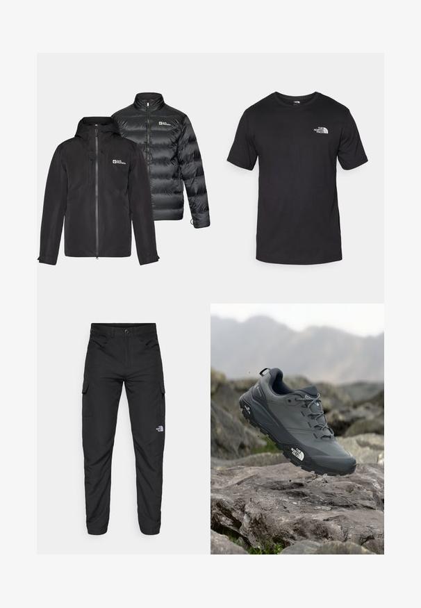 Kaks musta jakki kõrvuti: veekindel väliskihiga, kapuutsi ja tõmblukuga, ning paks, soojustatud jakk kõrge kraega.; Must have lühikeste varrukatega must T-särk, mis on valmistatud puuvillast, ümmarguse kaelusega ja väikese valge logoga vasakus ülanurgas.; The North Face HORIZON PANT - Õuepüksid - black; Hallhalli jooksukingad halli värvi, tekstureeritud ülemise osaga, vastupidava kummist tallaga ja tugevdatud varvaste kattega. Omab paelu ja kaubamärgi logo küljel.