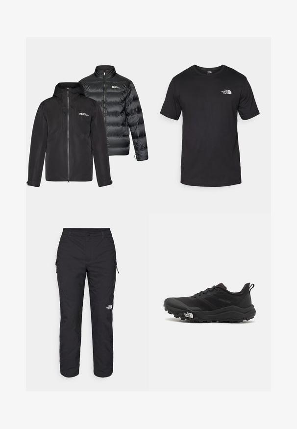 Δύο μαύρα μπουφάν δίπλα-δίπλα: ένα ανθεκτικό στο νερό εξωτερικό στρώμα με κουκούλα και φερμουάρ, και ένα φουσκωτό μπουφάν με υψηλό γιακά.; Μαύρη κοντομάνικη μπλούζα φτιαγμένη από βαμβάκι, με στρογγυλή λαιμόκοψη και μικρό λευκό λογότυπο στην άνω αριστερή περιοχή του στήθους.; The North Face WINTER EXPLORATION TAPERED CARGO  - Παντελόνι εξωτερικού χώρου - black; Μαύρο αθλητικό παπούτσι τρεξίματος με υφασμάτινο άνω μέρος, καουτσούκ σόλα και ενισχυμένη μύτη. Διαθέτει επενδεδυμένο κολάρο και θηλιά στα πίσω για εύκολη φορεσιά.