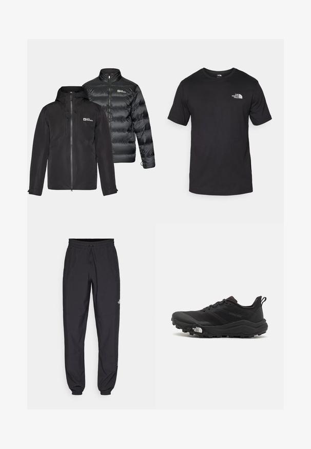 Dvojica crnih jakni jedna pored druge: vodootporna vanjska jakna s kapuljačom i patentnim zatvaračem, i pufasti izolirani kaput s visokim ovratnikom.; Crna majica kratkih rukava od pamuka, s okruglim izrezom i malim bijelim logotipom na gornjem lijevom dijelu prsnog koša.; Crne sportske hlače od lagane tkanine, s pojasom na vezanje, bočnim džepovima i suženim manžetama na gležnjevima.; Crne trail trkačke cipele s teksturiranim gornjim dijelom, gumeni potplat i ojačana zaštita za prste. Imaju podstavljen ovratnik i trakicu za lakše obuvanje.