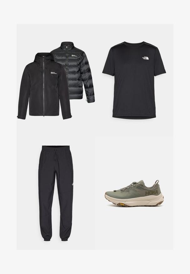 Dva črna plašča drug ob drugem: vodoodporna zunanja plast s kapuco in zadrgo ter puhasti izolirani plašč z visokim ovratnikom.; Črna kratkosleevena majica iz lahkotnega materiala. Ima majhen bel logo na levem prsnem delu in diskretne poudarke na ramenskem predelu.; Črne atletske hlače iz lahkega materiala, ki imajo elastični pas z vezalko, stranske žepe in zožene manšete na gležnjih.; Zeleno Hoka tekaško čevlje z Gore-Tex zgornjim delom, teksturiranimi detajli, elastičnimi vezalkami in debelim bež podplatom, ki vsebuje logotip Vibram.