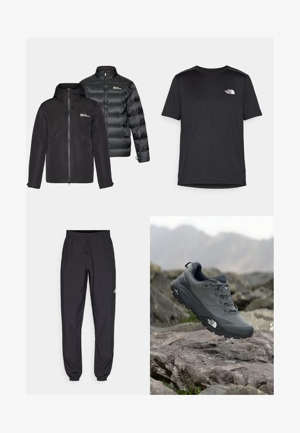 Duas jaquetas pretas lado a lado: uma camada externa resistente à água com capuz e fecho de zíper, e uma jaqueta acolchoada isolante com colarinho alto.; T-shirt preto de manga curta feito de um tecido leve. Apresenta um pequeno logo branco ao lado esquerdo do peito e detalhes subtis nos ombros.; Calças atléticas pretas feitas de tecido leve, com um cós ajustável por cordão, bolsos laterais e punhos afunilados nos tornozelos.; Sapatilha de corrida em trilhos cinza com um cabedal texturizado, sola de borracha durável e ponteira reforçada. Apresenta atacadores e o logótipo da marca de lado.