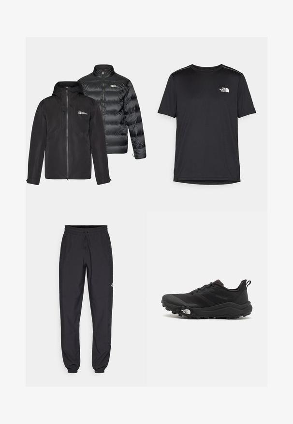 Zwei schwarze Jacken nebeneinander: eine wasserdichte Außenschicht mit Kapuze und Reißverschluss sowie eine gefütterte Daunenjacke mit hohem Kragen.; Schwarzes T-Shirt mit kurzen Ärmeln aus leichtem Stoff. Mit einem kleinen weißen Logo auf der linken Brust und dezenten Akzenten an den Schultern.; Schwarze Sporthosen aus leichtem Stoff, mit einem Kordelzugbund, seitlichen Taschen und schmal zulaufenden Bündchen an den Knöcheln.; Schwarzer Trailrunning-Schuh mit strukturiertem Obermaterial, Gummisohle und verstärkter Zehenkappe. Verfügt über einen gepolsterten Kragen und eine Ziehlasche für einfaches Anziehen.