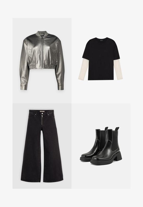 Metallisk silverfärgad bomberjacka med frontdragkedja, ribbad krage och elastisk nederkant. Den har två sidofickor och en texturerad ärmdetalj.; Svart t-shirt i bomull, med korta ärmar över ett vitt långärmat lager med en subtil texturdesign. Rundad halsringning.; Breda jeans i svart denim med dragkedja fram, femfickorsdesign och subtila sömdetaljer. Slät textur och avslappnad stil.; Svarta läder Chelsea-boots med en kraftig klack, elastiska sidpaneler och kontrasterande vit sömnad. Texturerad yta.