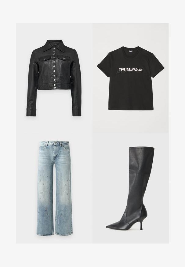 The Kooples BLOUSON CUIR - Veste en cuir - black; T-shirt en coton noir à manches courtes, avec un motif imprimé blanc et gris "THE 2LOOK" sur le devant. Encolure ras du cou classique.; Jean large bleu clair en denim, présentant un effet dégradé et des embellissements en strass argentés disposés en motif vertical.; Bottes en cuir noir arrivant jusqu'aux genoux avec un bout pointu et un talon aiguille fin. Texture lisse avec un design ajusté et des coutures au bord supérieur.