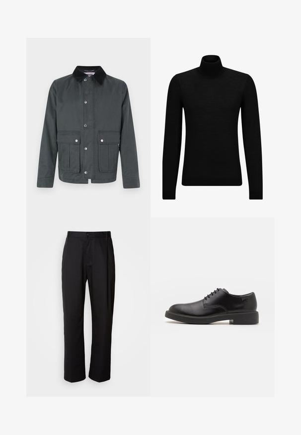 Donkergrijze casual jas met zwarte corduroy kraag, voorste drukknopen en twee grote klepzakken met drukknopsluitingen ter hoogte van de taille.; Zwarte coltrui van zacht materiaal, met lange mouwen en een snug fit. Geribbelde afwerking aan de onderkant en mouwen. Eenvoudig ontwerp.; Zwarte broek met een rechte snit, gemaakt van lichtgewicht stof. Heeft een frontale knoopsluiting en twee zijzakken; gladde textuur.; Zwarte leren veterschoen met een ronde neus, een gladde textuur, minimale stiksels en een lage rubberen hak. Logo op de hak.
