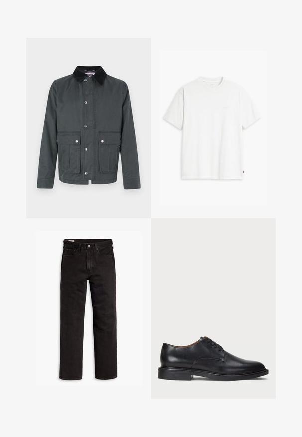 Dark gray casual jacket with black corduroy collar, front snap buttons, and two large flap pockets with snap closures at waist.; White cotton t-shirt with short sleeves, crew neck, and subtle Levi's logo printed in the center. Soft texture and standard fit.; Black straight-leg denim jeans with five pockets, button closure, and belt loops, laid flat on a white background.; Black leather dress shoe with a round toe, lace-up design, and a low stacked heel. Smooth texture with minimal stitching details.