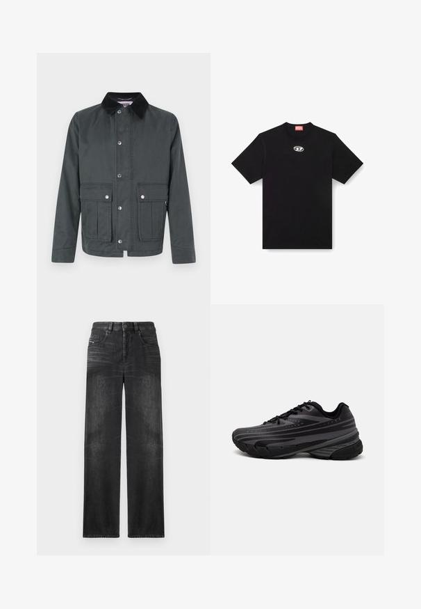 Dark gray casual jacket with black corduroy collar, front snap buttons, and two large flap pockets with snap closures at waist.; Black cotton t-shirt with a round neckline and short sleeves. Features a small, silver logo embroidered on the front center.; Black straight-leg jeans made of denim, featuring five pockets, belt loops, and subtle fading on the fabric for texture.; Black running shoe with a textured upper featuring gray stripes. Thick sole for cushioning, round toe, and flat laces for secure fit.