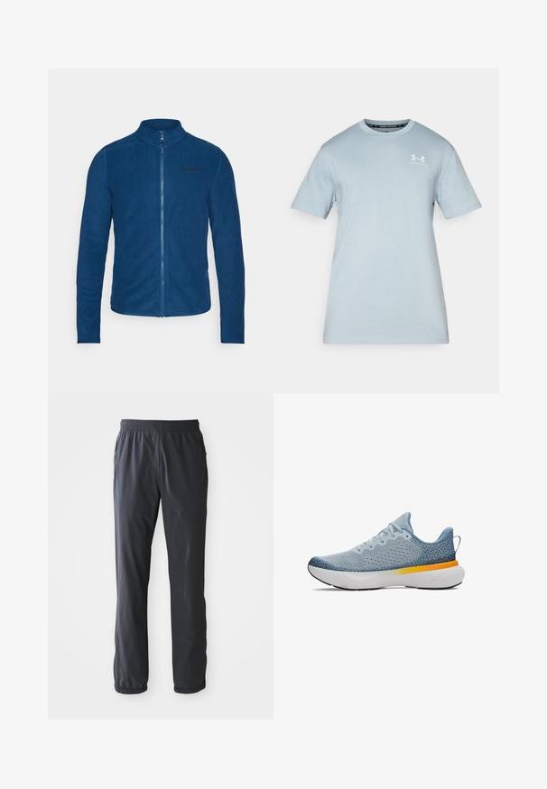 Björn Borg FULL ZIP - Fleece jacket - blue wing teal; Light blue cotton t-shirt with short sleeves, crew neck, and white Under Armour logo on the chest. Smooth texture, relaxed fit.; Men’s dark gray lightweight pants with elastic waistband and ankle cuffs, front pockets with zippers, laid flat on a white background.; Light blue athletic shoe with a breathable knit upper, white midsole, and orange accent. Treads designed for traction. Laces for secure fit.