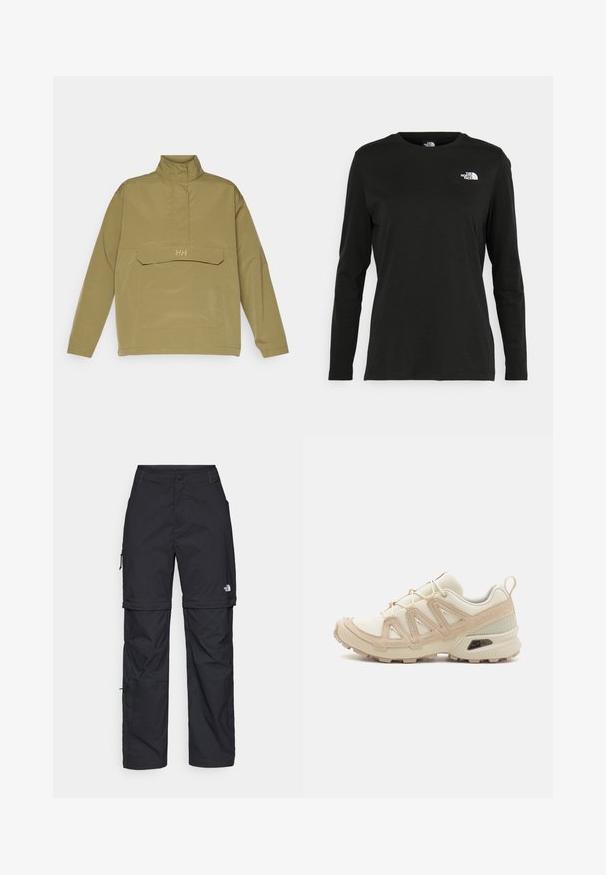 Χακί jacket με τριμμένος φερμουάρ, διαθέσιμο με ψηλό γιακά, μεγάλο μπροστινό τσέπη και διακριτικό λογότυπο σε χρυσό. Απαλή υφή, ελαφρύ υλικό.; Μαύρο μακρυμάνικο μπλουζάκι από βαμβάκι με στρογγυλή λαιμόκοψη. Διαθέτει ένα μικρό λευκό λογότυπο στην αριστερή πλευρά του στήθους. Απλός σχεδιασμός και εφαρμογή.; Μαύρα νάιλον παντελόνια cargo με φερμουάρ που αφαιρούνται, ρυθμιζόμενους καρπούς, πολλαπλές τσέπες και λογότυπο στο δεξί πόδι. Απαλή, ελαφριά υφή.; Μπεζ και κρεμ αθλητικό παπούτσι με υφασμάτινη άνω επιφάνεια με υφή, υποστηρικτικά overlay και καουτσούκ σόλα με σχέδιο πέλματος για πρόσφυση.