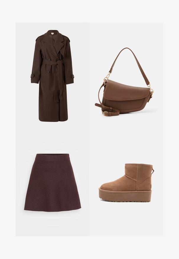 Brun ull trenchcoat med dubbelknäppt design, bälte i midjan och axelapplikationer. Har stora knappar och långa ärmar.; Beige stickad tröja med rund halsringning, långa ärmar och ribbad fåll. Mjuk, strukturerad tyg med avslappnad passform.; Burgundy stickad kjol med en utsvängd design, bred midjeresår och en mjuk textur, i en helfärg utan mönster eller detaljer.; Tan mockasköna med plattformssula, rund tå och broderade detaljer; har en dragflik baktill för enkel påtagning.; Brun läderaxelväska med texturerad yta, böjd form, detaljer i guldton, justerbar rem och lockstängning.