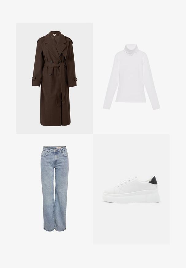 Cappotto trench in lana marrone con design doppiopetto, vita con cintura e spalline. Presenta bottoni grandi e maniche lunghe.; Maglia a maniche lunghe bianca a collo alto realizzata in tessuto morbido ed elastico. Presenta un colletto alto e un design aderente, senza motivi o decorazioni visibili.; Jeans a gamba larga di colore azzurro chiaro realizzati in denim, con vita alta, design a cinque tasche e leggera scoloritura per un aspetto vissuto.; Sneakers platform bianchi realizzati in materiale sintetico liscio, con punta arrotondata, design con lacci e suola in gomma texture. Accento nero nel tallone.