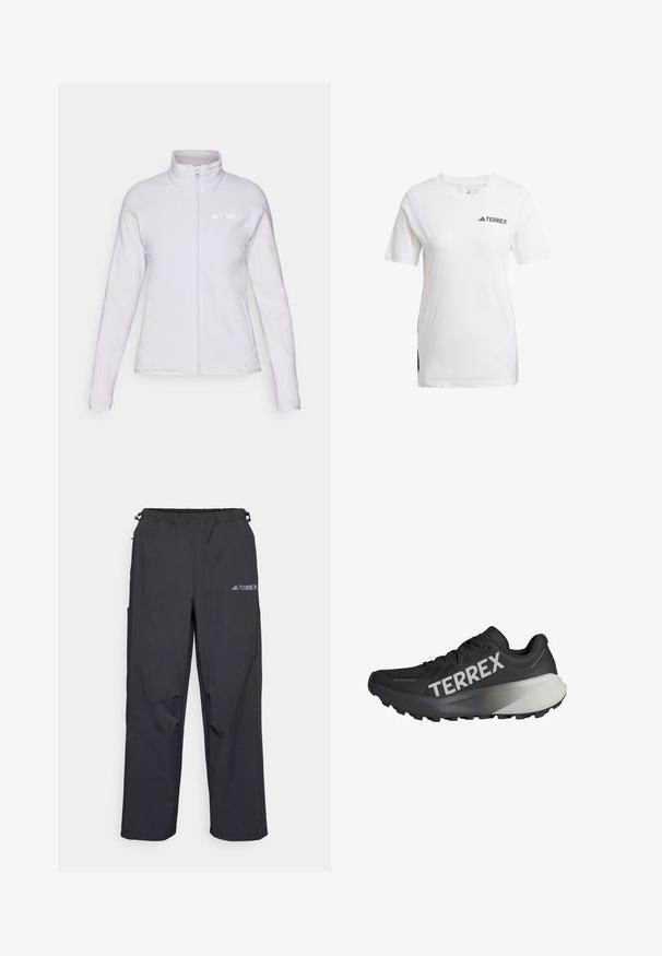 Svetlo vijolična flis jakna z visokim ovratnikom, polnim zadrgo in stranskimi žepi. Ima bel logotip "TERREX" na zgornji levi strani.; Bela športna majica s kratkimi rokavi, z mrežastimi stranskimi paneli in črnim logotipom "TERREX" spredaj. Gladka tekstura, običajen fit.; Črne lahke hlače za prosti čas z elastičnim pasom, stranskimi žepi in logotipom na zgornjem desnem stegnu. Gladka, vodoodbojna tkanina.; Črne športne čevlje za tek z strukturo zgornjega dela, vidnim logotipom "TERREX" v beli barvi, obliko podplata v ožjem stilu in gradijentnim sivo-odtenkom na peti.