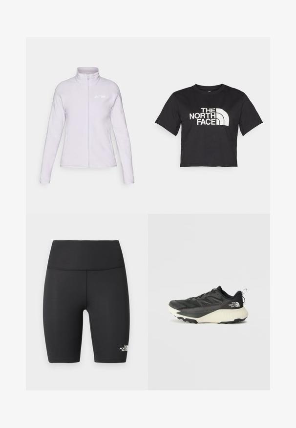 Világoslila bolyhos dzseki magas gallérral, teljes cipzárral és oldalsó zsebekkel. Az elülső részen, a bal felső oldalon egy fehér "TERREX" logó található.; Fekete, vágott ujjú, pamut póló, fehér logóval, amely ívelt díszítéseket és a "THE NORTH FACE" feliratot tartalmazza az elején. Rövid ujjú, kerek nyakú.; Fekete, magas derekú, sportos kerékpáros rövidnadrág, lapos varrással és The North Face logóval a bal alsó lábszáron.; Fekete sportcipő, texturált felsőrésszel, szürke kiegészítőkkel és fehér középtalppal. Húzófüllel és kiemelkedő márkalandírral a sarkán.