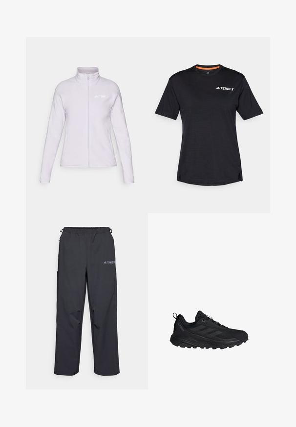 Hele lilla fliiskate, millel on kõrge krae, täispikk tõmblukk ja küljetaskud. Üksikasjades on vasakul üleval valge "TERREX" logo.; Must t-särk lühikeste varrukatega, ümmarguse kaelusega, millel on peen heather struktuur ja valge "TERREX" logo vasakul ülanurgas.; Mustajad, kerged väljakäimise püksid elastse vöökoha, küljetaskute ja logoga paremal ülemisel jalal. Sile veekindel kangas.; Mustad mustreeninguga mustad spordialased jalatsid, millel on võrkmaterjalist ülemine osa, vastupidav talla, paelad ja mugavuse tagamiseks kandmisel aas kannal. Küljel on kolm diagonaalset triibu.