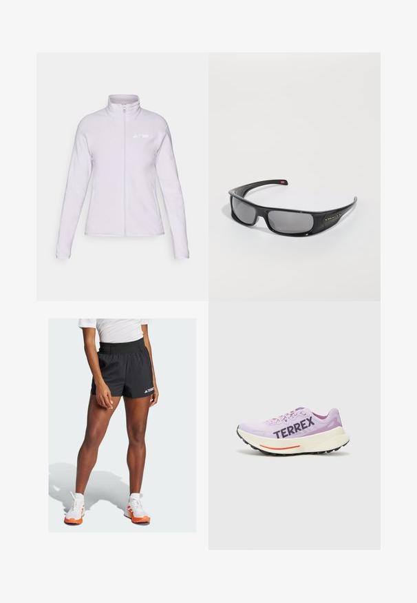 Giacca in pile viola chiaro con colletto alto, zip completa e tasche laterali. Presenta un logo "TERREX" bianco sulla parte superiore sinistra.; Maglietta sportiva bianca a maniche lunghe con collo alto, realizzata in tessuto liscio e elasticizzato; presenta maniche raglan e un piccolo logo nero.; Shorts sportivi neri con una cintura larga, caratterizzati dal testo "TERREX" e dal logo Adidas. Abbinati a scarpe bianche con dettagli arancioni.; Scarpa da corsa viola con tomaia in mesh traspirante, logo "TERREX" ben visibile, intersuola bianca e suola in gomma nera con accenti rossi.; Occhiali da sole neri Oakley a fascia con lenti rettangolari scure e braccia curve su uno sfondo bianco semplice.