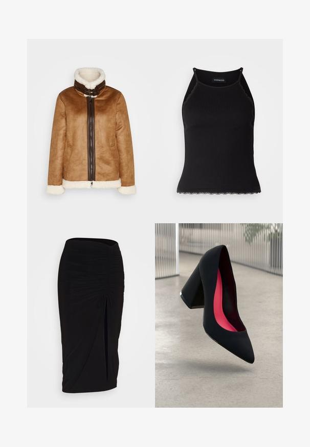 Smeđa zamšasta jakna s krznom obrubljenim ovratnikom, s prednjim zatvaračem i bijelim krznenim detaljima na manžetama i rubu.; Crna ženska majica bez rukava s rebrastim uzorkom i čipkastim obrubom na donjem dijelu. Ima tanke naramenice i prilagođen dizajn. Izrađena od rastezljivog materijala.; Crna, nabrana suknja olovka s detaljem vezanja i bočnim prorezom. Izrađena od rastezljivog materijala, s glatkom teksturom i prilagođenim dizajnom.; Crna visoka potpetica s oštrim vrhom, teksturiranom površinom i živopisnom ružičastom unutrašnjošću. Ima masivnu potpeticu s srebrnim detaljem.