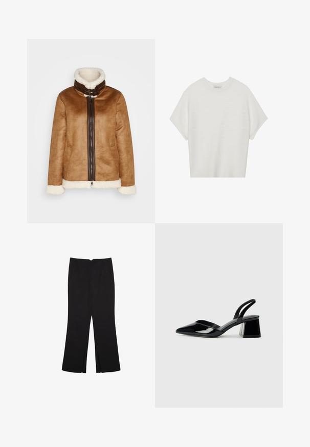 Braune Wildlederjacke mit einem mit Fell gefütterten Kragen, ausgestattet mit einem Reißverschlussverschluss und weißen Fellakzenten an den Ärmelbündchen und dem Saum.; Weißes T-Shirt mit kurzen Ärmeln, weitem Rundhalsausschnitt und strukturiertem Rippenmuster, aus weichem Stoff, mit legerer Passform und einem klaren Design.; Schwarze Hose mit geradem Schnitt, ausgestattet mit Fronttaschen und Seitenschlitzen am Saum. Hergestellt aus weichem, glattem Stoff. Geeignet für verschiedene Anlässe.; Schwarze Lackleder-Slingback-High Heels mit spitzem Schuh und einem geometrischen Blockabsatz. Verfügt über ein schlankes, minimalistisches Design und eine glatte Textur.