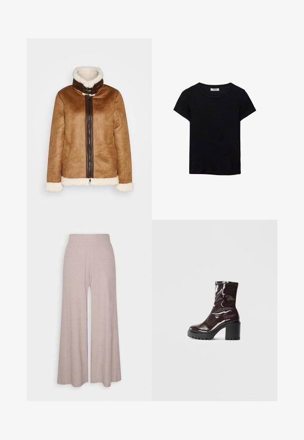 Brun ruskindsjakke med en pelsforet krave, der har en frontlynlås og hvide pelsdetaljer ved manchetter og kant.; Sort kortærmet t-shirt lavet af blødt stof. Har en klassisk rund halsudskæring og en afslappet pasform. Ingen mønstre eller accenter synlige.; Lys grå bredbenede bukser lavet af blødt ribbet stof, med høj talje og fuldlængde ben med subtil tekstur.; Glatte burgunder ankelstøvler med en chunky sort hæl, der har en glat tekstur og et simpelt design. Ingen synlige lukninger eller mønstre.