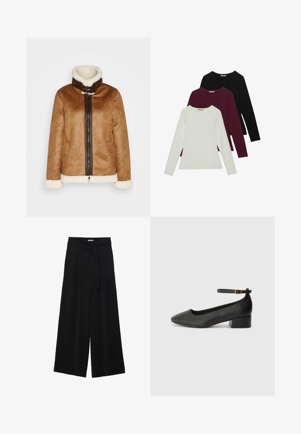 Hnědá semišová bunda s límcem z kožešiny, s předním zipem a bílými kožešinovými akcenty na manžetách a lemu.; Dlouhé rukávy trička v bílé, burgundské a černé barvě. Vyrobeno z měkké tkaniny s kulatým výstřihem a přiléhavým střihem. Vhodné na vrstvení.; Černé kalhoty s širokými nohavicemi, vyrobené z texturované tkaniny, s elastickým pasem a odnímatelným páskem na úpravu velikosti.; Černé kožené lodičky s špičatou špičkou a nízkým blokovým podpatkem. Obsahují pásek kolem kotníku se zlatou sponou. Hladký povrch.