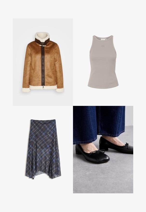 Barna suedebőr dzseki, tollbéléses gallérral, elülső cipzáras záródással, valamint fehér szőrme díszítéssel az ujjak és az alj részén.; Csíkos, ujjatlan felső világosszürke színben, kerek nyakkivágással és diszkrét logóval az elülső részen. Puha, rugalmas anyagból készült.; Fekete kockás szoknya kék és barna vonalakkal, áramló fazon, közepes hosszúságú, könnyű anyagból készült, sima textúrával.; Fekete bőrcipők négyzet alakú orral és kis sarkával, az elején díszes masnival. Sötét farmernadrággal viselve.