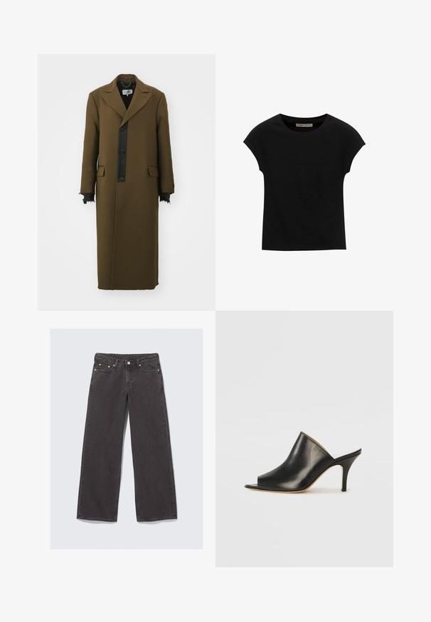 MM6 Maison Margiela COAT - Palton clasic - khaki; Tricou negru cu mânecă scurtă, confecționat dintr-un material moale, cu guler rotund și o croială lejeră, având o textură fină și fără modele.; Jeans cu picioare largi, fabricate din denim gri închis. Caracteristicile includ talie înaltă, accesorii din cupru și design clasic cu cinci buzunare.; Mule din piele neagră, cu vârf deschis, cu un design elegant și curbat, toc înalt subțire și textură netedă. Interiorul are o culoare deschisă contrastantă.