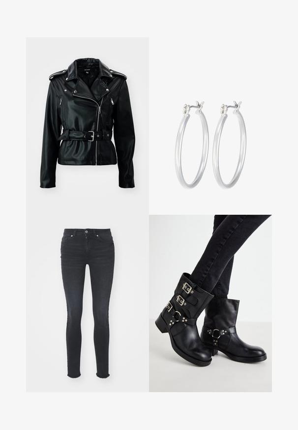 Vero Moda VMDEMIFIE SHORT COATED JACKET - Dirbtinės odos striukė - black; Juodas ilgomis rankovėmis bodis su aukštu kaklu, turintis tvirto audinio torso ir permatomų tinklinių rankovių, sukurtas prigludusio silueto.; Juodos džinsinės liesos kelnės su vidutinio aukščio liemeniu, penkiomis kišenėmis ir suplėšytu galiuku. Audinys turi lygų tekstūrą su nedideliu tamprumu.; Juodos odinės kulkšninės botai su trimis užsegimais, apvalia nosimi ir žemu bloku padais. Dizainas apima lygius ir tekstūrinius panelius.; Sidabriniai auskarai su sklandžiu, poliruotu paviršiumi. Apvalios formos ir saugus uždarymo mechanizmas. Lengvas dizainas, tinkantis kasdieniam dėvėjimui.