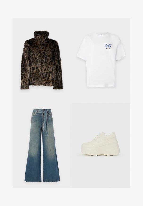 Veste en fausse fourrure avec un col montant, arborant un motif léopard dans des teintes de brun et de noir, fermeture éclair à l'avant et coupe décontractée.; T-shirt en coton blanc avec un imprimé coloré de papillon sur la poitrine gauche. Manches courtes et coupe décontractée.; Pantalons en denim à jambe large présentant un dégradé de bleu clair à bleu foncé, taille haute, passants de ceinture et une ceinture en tissu assortie. Finition en denim texturé.; Baskets plateformes blanches avec une tige en simili cuir lisse, une forme arrondie, un col rembourré et une semelle en caoutchouc texturé avec des crampons définis.
