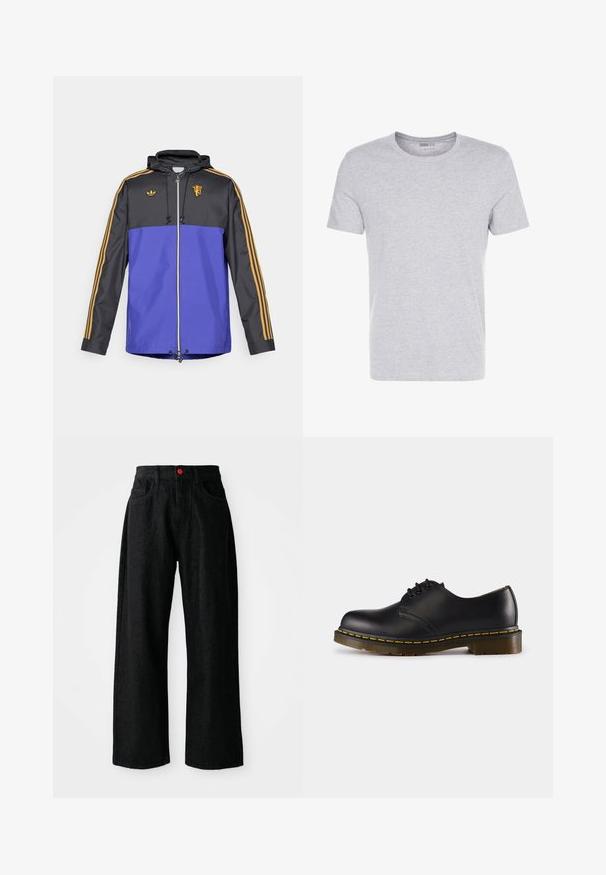 adidas Originals MANCHESTER UNITED ICON PARKA - Ρούχα για κλαμπ - utility black; Γκρι βαμβακερό T-shirt με στρογγυλή λαιμόκοψη, κοντά μανίκια και απλή σχεδίαση, με απαλή, λεία υφή και χωρίς ορατά σχέδια ή διακοσμήσεις.; Μαύρο τζιν παντελόνι wide-leg με ψηλή μέση, διαθέτει δύο μπροστινές τσέπες και έναν ξεχωριστό κόκκινο κουμπί στο κλείσιμο. Λείος υφασμάτινος τύπος.; Μαύρο δερμάτινο παπούτσι με στρογγυλή μύτη, σχέδιο με κορδόνια, κίτρινο ράψιμο κατά μήκος της σόλας και χοντρή, υφασμένη λαστιχένια σόλα.
