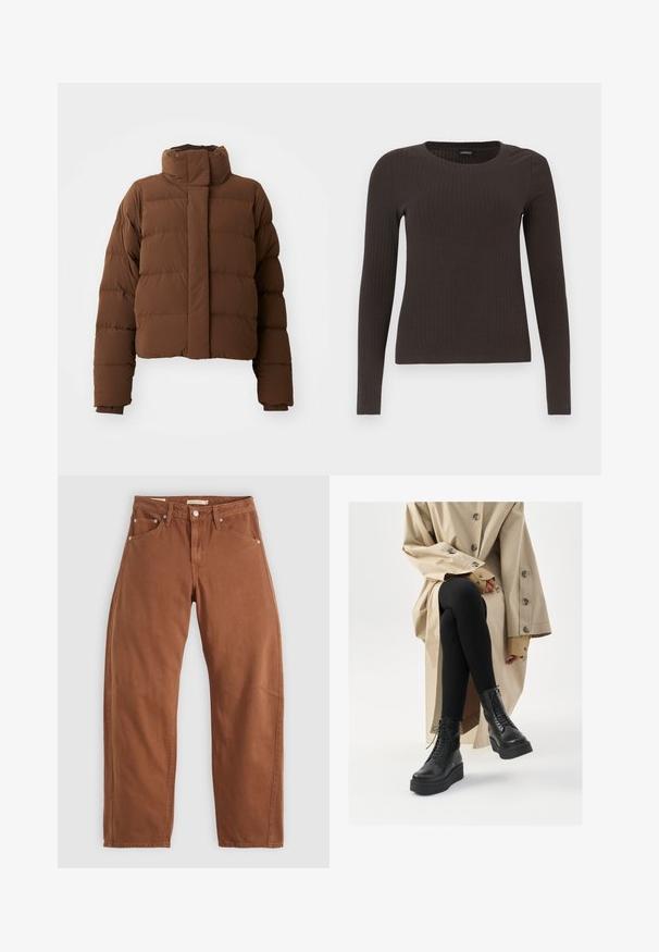 Brūns īss pūkainais jaka ar augstu apkakli, pāršūtiem paneļiem, pogu aizdari un ribotām aprocēm papildus siltumam.; Brūns, garām piedurknēm ribots tops ar apaļu kakla izgriezumu. Izgatavots no gludas, elastīgas materiāla, ar pieguļošu siluetu un minimālu apdari.; Rūsu brūnas taisnas kājas džinsi ar priekšējām un aizmugurējām kabatām, metāla kniedēm, pogu aizdari un jostas cilpām, izlikti uz balta fona.; Melnas ādas potītes zābaki ar auklīšu detaļām, paaugstināta platformas zole, un tekstūras melnas legingas, valkātas ar gaiši beidžu trenču mēteļa.