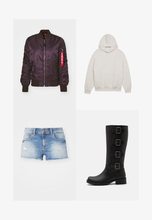 Violeta bumbiera jakas ar spīdīgu satīna apdari, riboti aproces un apkakle, priekšējais rāvējslēdzis un sarkans auduma birks sānu kabatā.; Gaiši pelēks kapuce, izgatavota no mīksta auduma, ar priekšējo kāmja kabatu, regulējamu kapuci un ribotas aproces un apakšmalu.; Gaiši zili džinsu šorti ar nolietotu apdari, saplēstu apakšmalu, piecu kabatu dizainu un vienu pogu aizdari priekšpusē.; Melnas augstas zābaki, izgatavoti no gludas sintētiskas materiāla. Satur četras dekoratīvas siksnas ar taisnstūra metāla sprādzēm. Bloka papēža dizains.