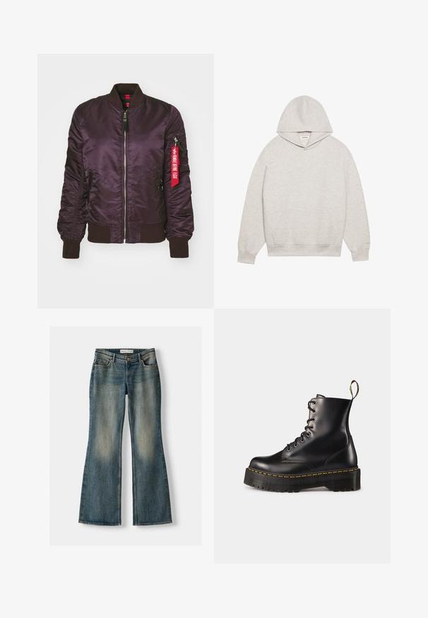 Purple bomber jacket with shiny satin finish, ribbed cuffs and collar, front zipper, and red fabric tag on side pocket.; Light gray hoodie made of soft fabric, featuring a front kangaroo pocket, adjustable hood, and ribbed cuffs and hem.; Blue flared jeans with a faded wash, five pockets, and a button closure. Material shows a denim texture with subtle stitching details.; Black leather lace-up ankle boots with a chunky black sole and yellow stitching. Features a pull tab at the back and circular metal eyelets.