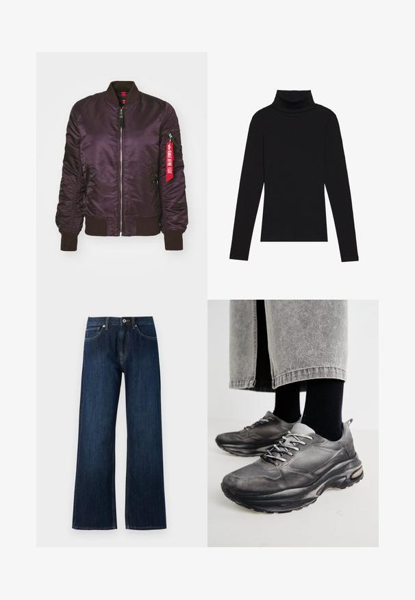 Vijoličasta bomberska jakna s sijočim satenastim finišem, rebrastimi manšetami in ovratnikom, sprednjim zadrgo in rdečo tkanino oznako na stranskem žepu.; Črna majica s puloverjem in dolgimi rokavi, izdelana iz rebraste tkanine, ima prilegan kroj s visokim ovratnikom in brez vzorcev ali okrasnih elementov.; Široke temno modre kavbojke iz denima, ki vključujejo zadrgo, gumbasto zapiranje in dve sprednji žep z kontrastnim šivanjem.; Črne in sive športne čevlje imajo mrežast zgornji del, debele podplate in vezalke. Imajo zaobljen nos in opazne podrobnosti oblazinjenja.