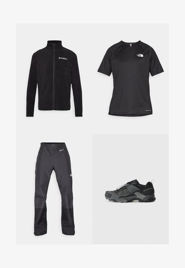 Zwarte fleece jack met een hoge kraag, volledige rits en wit "TERREX" logo op de linkerborst. Zachte textuur, geen aanvullende patronen.; Zwarte sportshirt met korte mouwen van textuurstof, met een wit logo op de linkerborst en een rechte zoom.; Zwarte waterdichte broek met een gladde textuur, voorzien van een GORE-TEX-logo op de voorkant en verstevigde onderbenen voor duurzaamheid.; Zwarte trailhardloopschoenen met een duurzame mesh bovenkant, versterkte neuskap, gestructureerde rubberen zool en elastisch vetersysteem voor een veilige pasvorm.