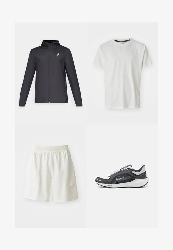 Giacca leggera nera con cappuccio, zip frontale, maniche lunghe e un piccolo logo sul petto. Tessuto liscio e resistente all'acqua.; ASICS GAME - T-shirt basic - cream; ASICS MATCH SHORT - Pantaloncini sportivi - cream; Scarpa da ginnastica nera e grigia con tomaia in rete, dettagli riflettenti e intersuola bianca. Presenta una suola in gomma testurizzata e lacci.
