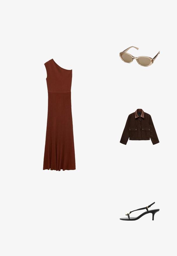 Braune Jeansjacke mit einem braunen Lederkragen, vorderen Taschen und Druckknopfverschlüssen. Kurzes, tailliertes Design mit minimalen Details.; Asymmetrisches braunes Rippenkleid mit einseitigem Design; tailliertes Oberteil, das sich zu einem weiten Rock ausbreitet. Glatte Textur über das gesamte Kleid.; Schwarze Leder-Kitten-Heel-Sandale mit dünnen Riemen, goldener Schnalle und minimalistischer Zehen-Schlaufe vor einem weißen Hintergrund.; Sonnenbrille mit einem transparenten beigen Rahmen, ovalen Gläsern und schlanken Bügeln. Ausgestattet mit lichtbraun getönten Gläsern und minimalem Branding.; Schwarze Leder-Crossbody-Tasche mit glatter Textur, rechteckiger Form und metallic-kettendetail auf der Vorderseite. Verstellbarer Gurt inklusive.