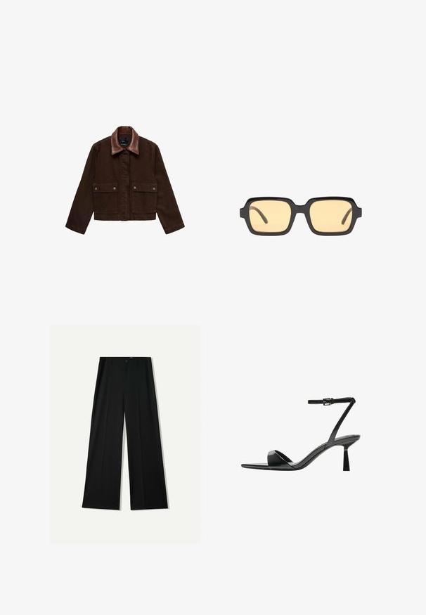 Brązowa dżinsowa kurtka z brązowym skórzanym kołnierzem, przednimi kieszeniami i zapięciem na zatrzaski. Krótki, dopasowany krój z minimalnymi detalami.; Czarna bluzka z krótkim rękawem, wykonana z gładkiego materiału; posiada dekolt w stylu drapowanym oraz asymetryczny dół, z dopasowanym krojem.; Bershka WIDE czarny; Bershka - Sandały na obcasie; Czarne prostokątne okulary przeciwsłoneczne z żółtymi szkłami, lekką oprawą i charakterystycznie prostymi krawędziami na zausznikach. Gładkie, błyszczące wykończenie.
