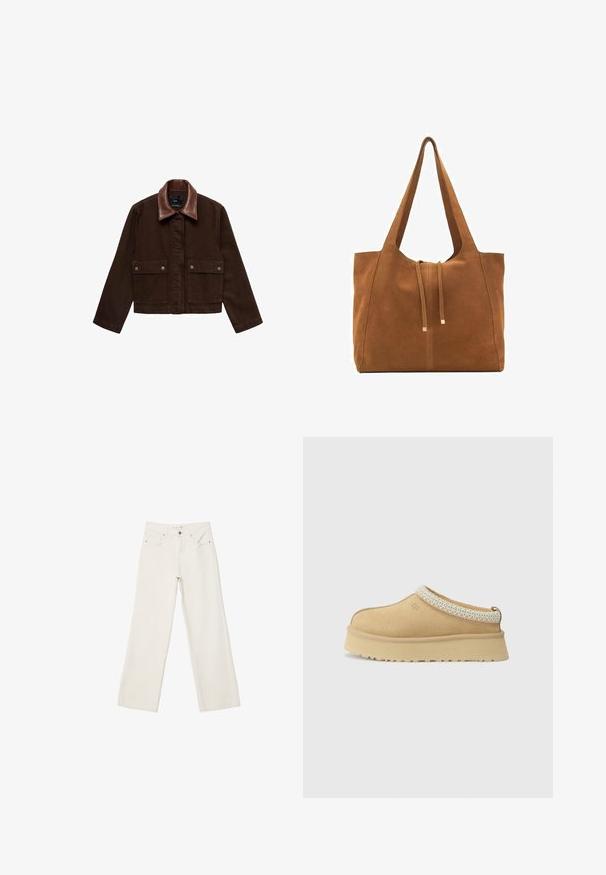 Smeđi traper jakna s smešnim kožnim ovratnikom, prednjim džepovima i kopčanjem na dugmiće. Kratak, prilagođen dizajn s minimalnim detaljima.; Bežani pleteni kratki pulover s kratkim rukavima i okruglim izrezom, s reljefnim uzorkom i rebrastim rubom. Jednostavan, prilagođen dizajn.; Bijele široke traperice s visokim strukom, prednjim džepovima i dugmetom za zatvaranje. Čist dizajn s minimalnim naglascima.; Svi trsno bež slip-on cipele s podstavljenim ovratnikom i teksturiranim svijetloplavi akcentom. Ima debeo, izdržljiv potplat s uzorkom.; Smeđa antilop torba za ruke s dva duga remena, zatvaranje na vezicu i minimalistički dizajn. Glatka tekstura i bez vidljivih metalnih elemenata.