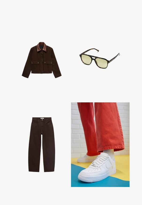 Brown denim jacket with a brown leather collar, front pockets, and snap button closures. Short, fitted design with minimal detailing.; Black short-sleeve t-shirt made of smooth fabric. Features a round neckline and a relaxed fit with a straight hemline.; Brown denim jeans with a relaxed fit, featuring five pockets, belt loops, and a classic zip fly. Smooth texture and straight leg design.; White leather sneaker with perforated toe box, textured sole, and white laces, paired with wide red pants and a blue and yellow background.; Tortoiseshell sunglasses with a rectangular shape, green-tinted lenses, and patterned acetate frames. Features metal accents near the lenses.; Red leather handbag with a structured design, featuring a top handle, smooth texture, and a flap closure. Simple and modern shape.