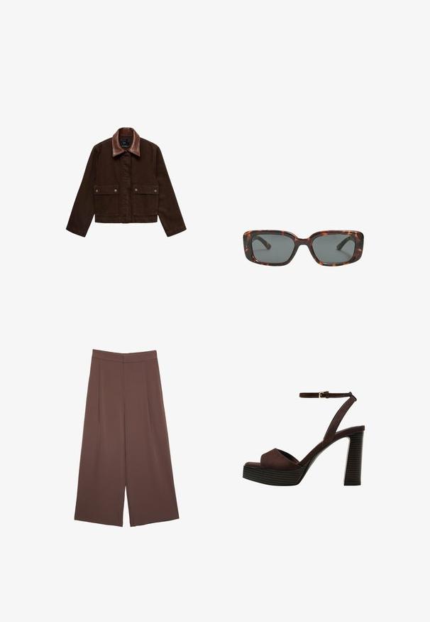Brun denimjakke med krave i brunt læder, frontlommer og trykknaplukninger. Kort, tætsiddende design med minimal detaljer.; Brun kortærmet t-shirt lavet af blødt stof, med rund halsudskæring og afslappet pasform. Ingen synlige mønstre eller detaljer.; Brune bredbunde bukser med en glat tekstur, der har høj talje og plisseringer foran. Stoffet er let og falder løst.; Brune ruskinds højhælede sandal med åben tå, justerbar ankelrem og en stribet plade sål.; Skildpaddedesolbriller med rektangulære linser, tykke stel og mørkt tonede linser. Glat tekstur og minimalistisk design.