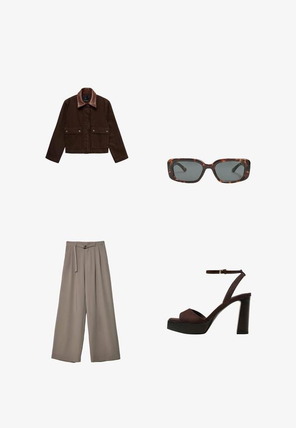Brązowa dżinsowa kurtka z brązowym skórzanym kołnierzem, przednimi kieszeniami i zapięciem na zatrzaski. Krótki, dopasowany krój z minimalnymi detalami.; Brązowa koszulka z krótkim rękawem, wykonana z miękkiego materiału, z okrągłym dekoltem i luźnym krojem. Brak widocznych wzorów lub akcentów.; Spodnie o szerokich nogawkach w miękkim, stonowanym szarym materiale, z paskiem w talii i plisami dla dodania detali projektowych. Gładka tekstura, bez wzorów.; Brązowe zamszowe sandały na wysokim obcasie z odkrytymi palcami, regulowanym paskiem na kostce i paskowatą podeszwą.; Okulary przeciwsłoneczne w kratkę w kształcie prostokątnym, z grubymi oprawkami i ciemnymi szkłami. Gładka faktura i minimalistyczny design.