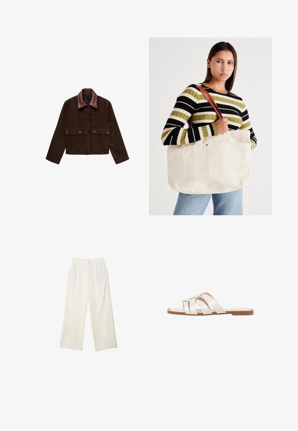 Brązowa dżinsowa kurtka z brązowym skórzanym kołnierzem, przednimi kieszeniami i zapięciem na zatrzaski. Krótki, dopasowany krój z minimalnymi detalami.; Biała koszulka z krótkim rękawem i okrągłym dekoltem, wykonana z miękkiej bawełny, charakteryzująca się prostym, czystym wzorem bez widocznych zdobień ani akcentów.; Spodnie z szerokimi nogawkami w kremowej tkaninie o gładkiej fakturze, z pojedynczym guzikiem z przodu, subtelnymi plisami i wysokim stanem.; Płaskie sandały z brązową gumową podeszwą, zaprojektowane z trzema nakładającymi się na siebie białymi skórzanymi paskami i małym detalem w postaci kokardy na środku.; Duża beżowa torba płócienna z brązowymi skórzanymi uchwytami, charakteryzująca się minimalistycznym wzornictwem oraz widocznymi szwami.