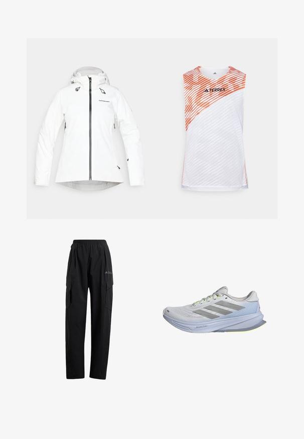 Hvid vandtæt jakke med hætte, lynlås foran og justerbare snore. Har sort hardware og logo. Glat tekstur.; Hvid ærmeløs træningstop med orange diagonale striber, tekstureret overflade og "TERREX"-logo på den øverste front.; Sorte cargo bukser med elastisk talje, to sidelommer og et let tilspidset ben-design. Lavet af letvægtsmateriale.; Løbesko med en letvægtsmesh-overdel i hvid, prydet med grå striber. Sålens udsving er let, og der er neongule detaljer.