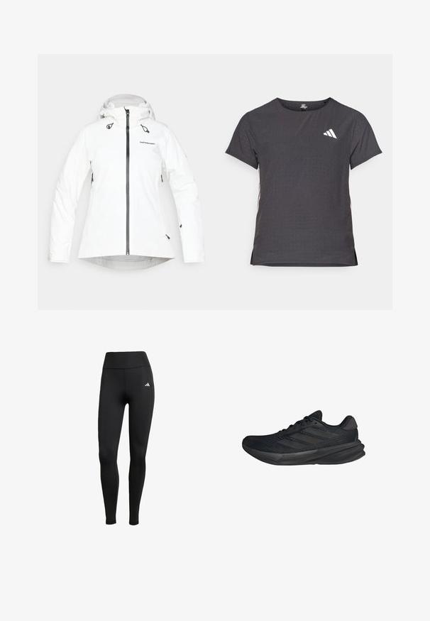 Giacca bianca impermeabile con cappuccio, zip frontale e cordini regolabili. Presenta accessori e logo neri. Texture liscia.; T-shirt atletico a maniche corte, grigio scuro con texture perforata. Presenta un logo bianco e strisce laterali a contrasto. Girocollo.; Leggings sportivi neri con vita alta. Realizzati in tessuto elastico con un dettaglio del logo bianco sulla parte superiore sinistra.; Scarpe sportive nere con tomaia in rete, forma aerodinamica, suola piatta e tre strisce diagonali sui lati. Design leggero per il massimo comfort.