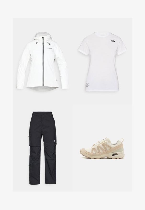 White waterproof jacket with a hood, zip front, and adjustable drawstrings. Features black hardware and logo. Smooth texture.; White cotton t-shirt featuring a black logo on the left chest and a gray graphic design at the bottom right. Classic crew neck and short sleeves.; Black nylon zip-off cargo trousers with adjustable cuffs, multiple pockets, and a logo on the right leg. Smooth, lightweight texture.; Beige and cream athletic shoe with textured mesh upper, supportive overlays, and rubber outsole featuring a tread pattern for traction.